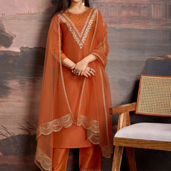 Embroidered Silk Blend Dress Material with Net Dupatta