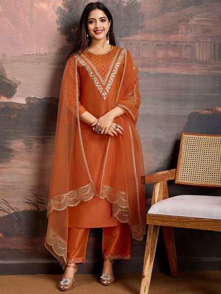 Embroidered Silk Blend Dress Material with Net Dupatta