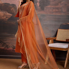 Embroidered Silk Blend Dress Material with Net Dupatta
