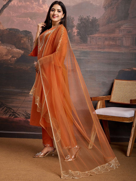 Embroidered Silk Blend Dress Material with Net Dupatta