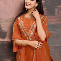 Embroidered Silk Blend Dress Material with Net Dupatta