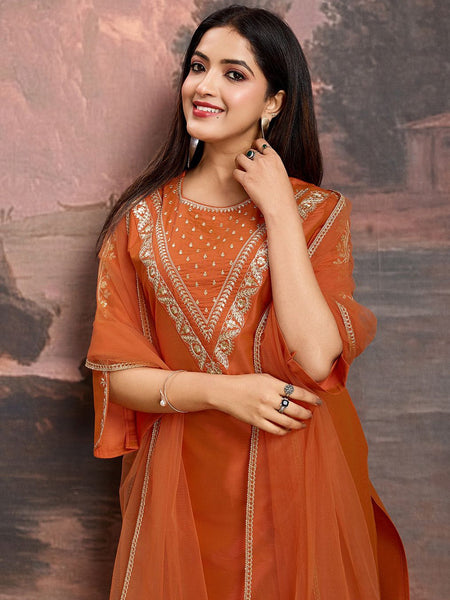 Embroidered Silk Blend Dress Material with Net Dupatta