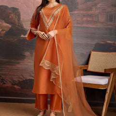 Embroidered Silk Blend Dress Material with Net Dupatta