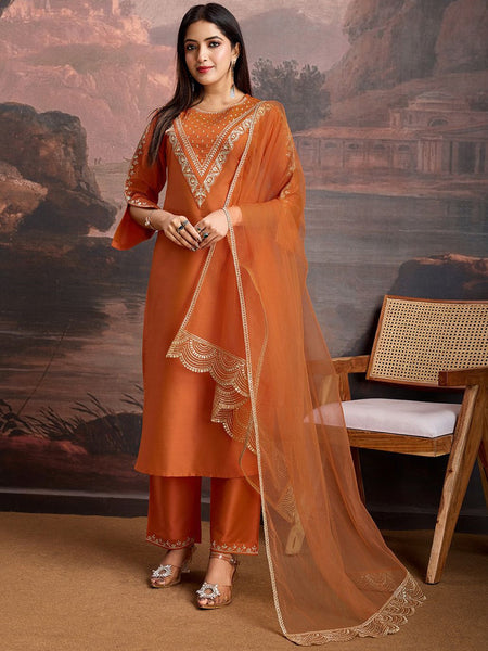 Embroidered Silk Blend Dress Material with Net Dupatta