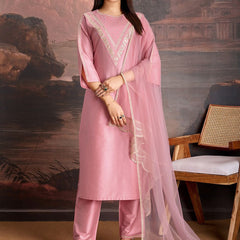Embroidered Silk Blend Dress Material with Net Dupatta