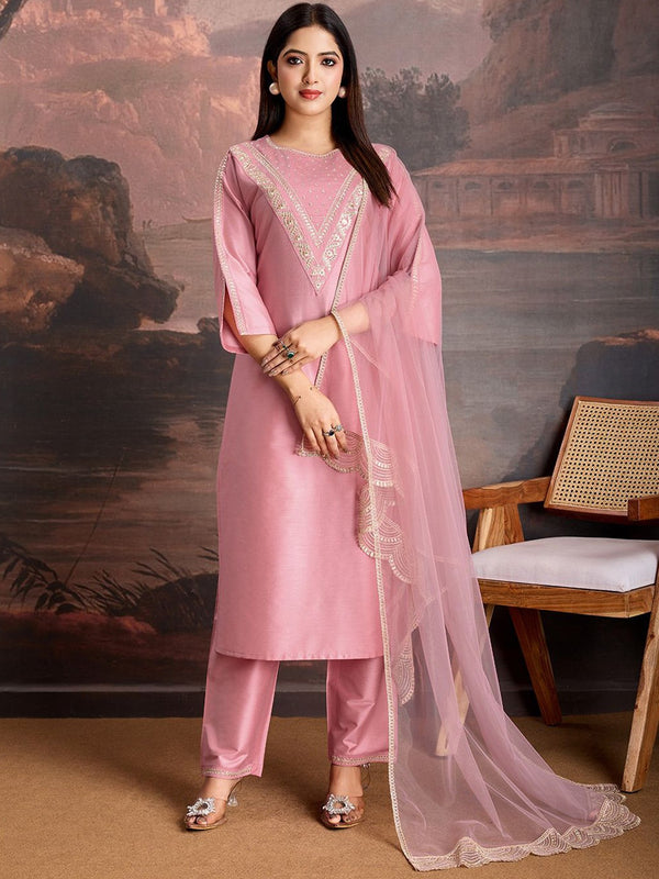 Embroidered Silk Blend Dress Material with Net Dupatta