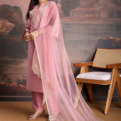 Embroidered Silk Blend Dress Material with Net Dupatta
