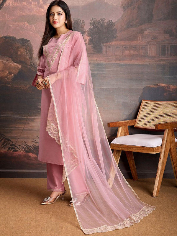 Embroidered Silk Blend Dress Material with Net Dupatta