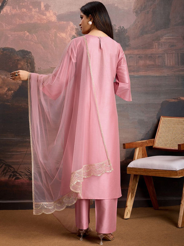 Embroidered Silk Blend Dress Material with Net Dupatta