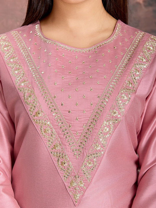 Embroidered Silk Blend Dress Material with Net Dupatta