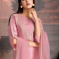 Embroidered Silk Blend Dress Material with Net Dupatta