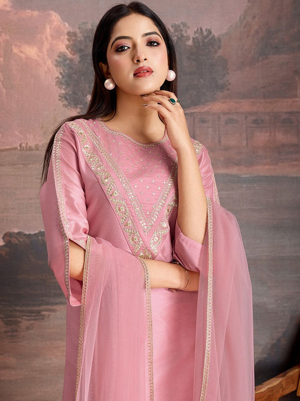 Embroidered Silk Blend Dress Material with Net Dupatta