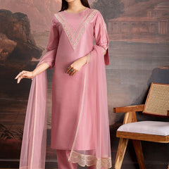 Embroidered Silk Blend Dress Material with Net Dupatta