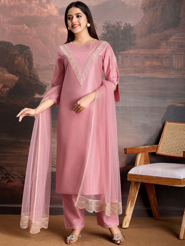 Embroidered Silk Blend Dress Material with Net Dupatta