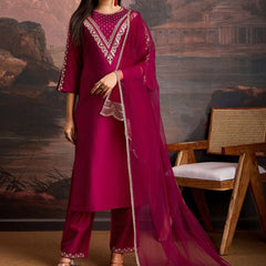 Embroidered Silk Blend Dress Material with Net Dupatta