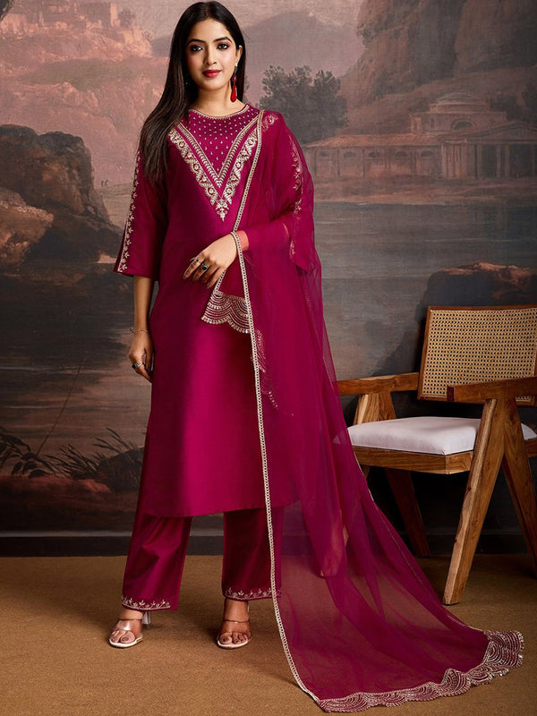 Embroidered Silk Blend Dress Material with Net Dupatta