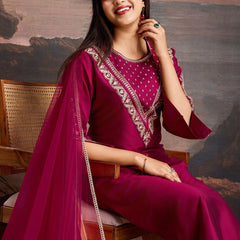 Embroidered Silk Blend Dress Material with Net Dupatta