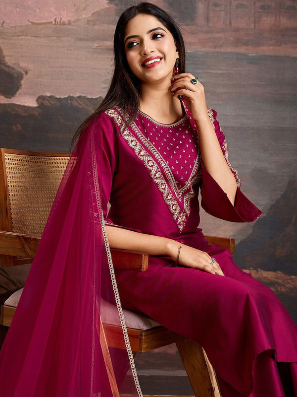 Embroidered Silk Blend Dress Material with Net Dupatta