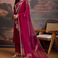 Embroidered Silk Blend Dress Material with Net Dupatta