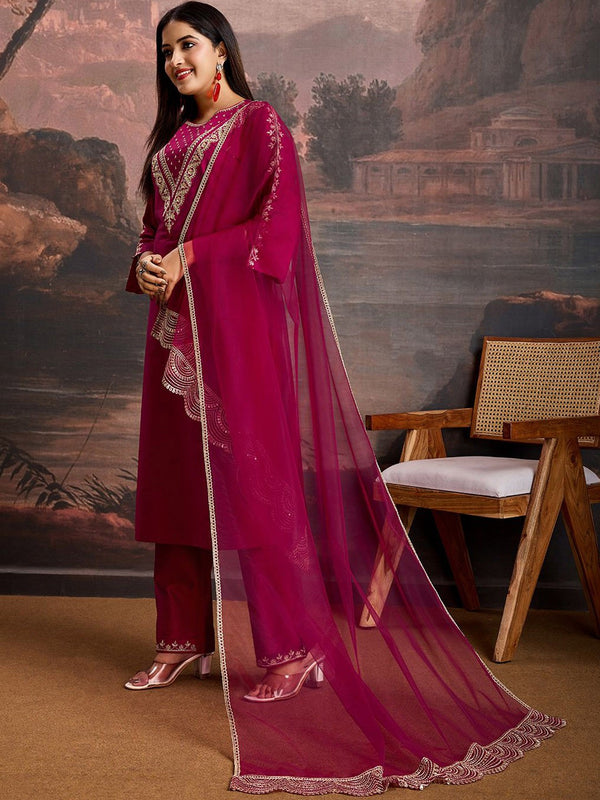 Embroidered Silk Blend Dress Material with Net Dupatta