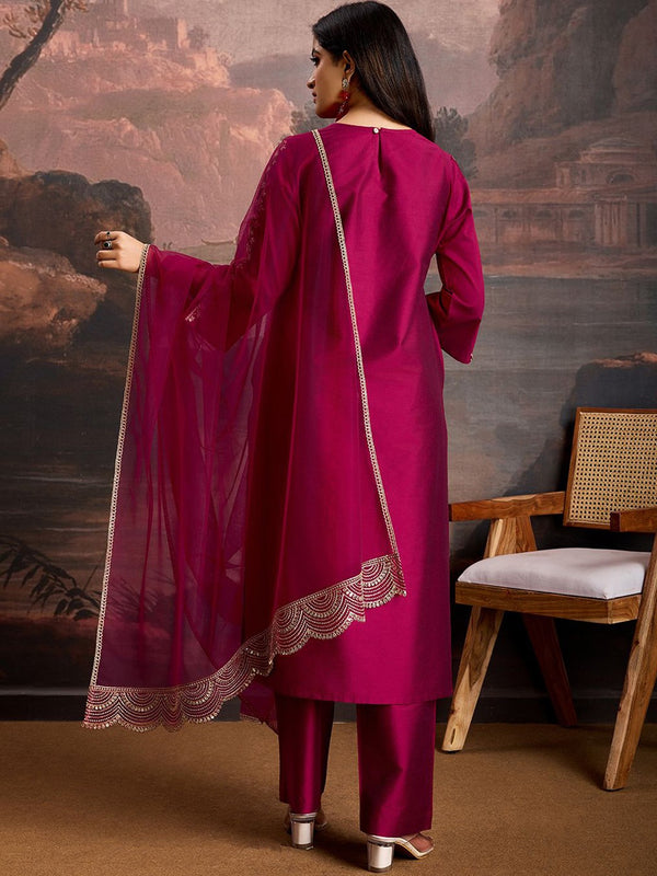 Embroidered Silk Blend Dress Material with Net Dupatta
