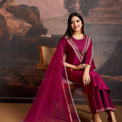 Embroidered Silk Blend Dress Material with Net Dupatta
