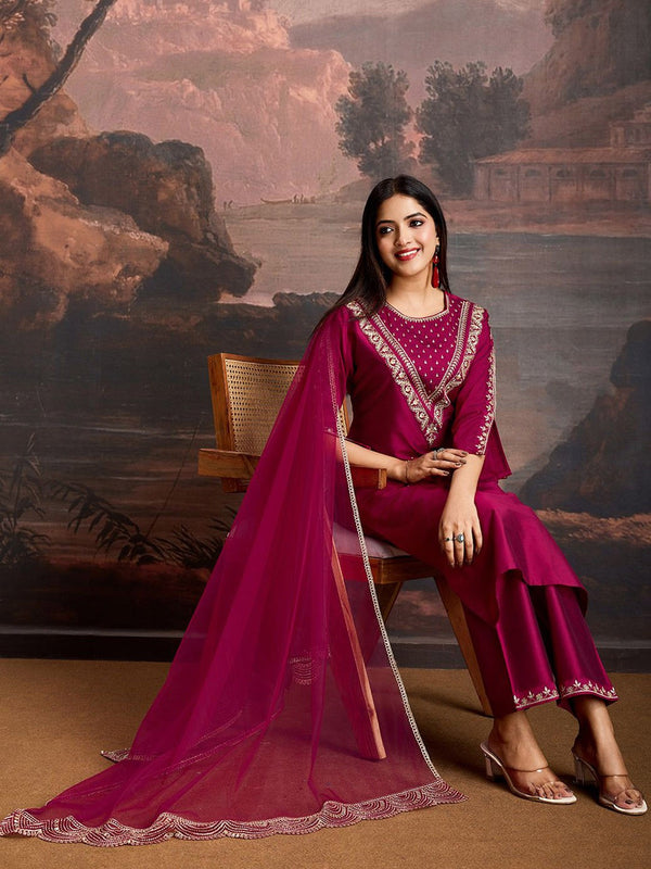 Embroidered Silk Blend Dress Material with Net Dupatta