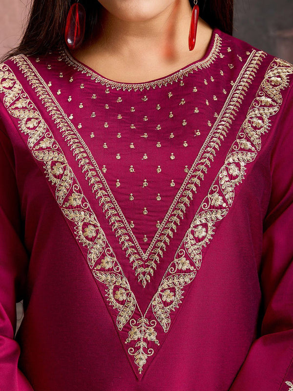 Embroidered Silk Blend Dress Material with Net Dupatta