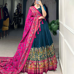Women's Tusser Silk Floral Print Lehenga Choli with Foil Work & Gotta Patti Dupatta