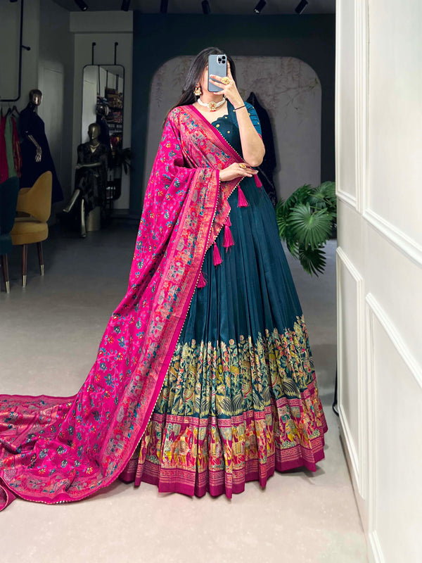 Women's Tusser Silk Floral Print Lehenga Choli with Foil Work & Gotta Patti Dupatta