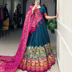 Women's Tusser Silk Floral Print Lehenga Choli with Foil Work & Gotta Patti Dupatta