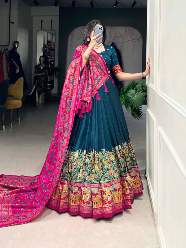 Women's Tusser Silk Floral Print Lehenga Choli with Foil Work & Gotta Patti Dupatta