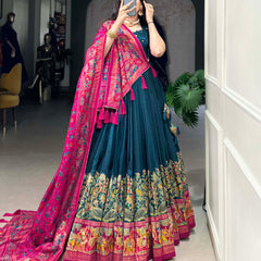 Women's Tusser Silk Floral Print Lehenga Choli with Foil Work & Gotta Patti Dupatta