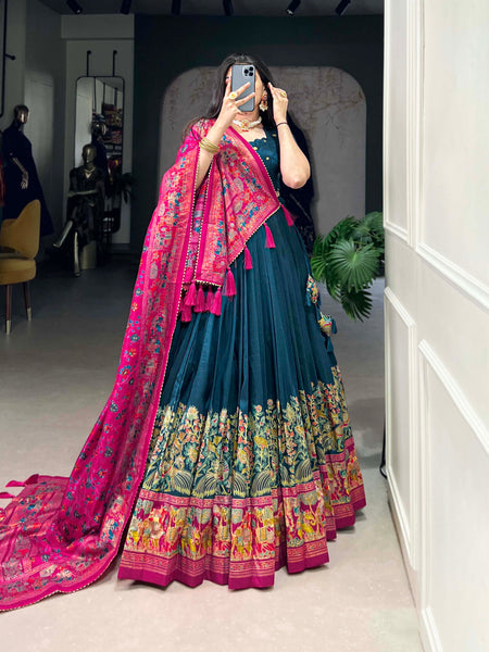 Women's Tusser Silk Floral Print Lehenga Choli with Foil Work & Gotta Patti Dupatta