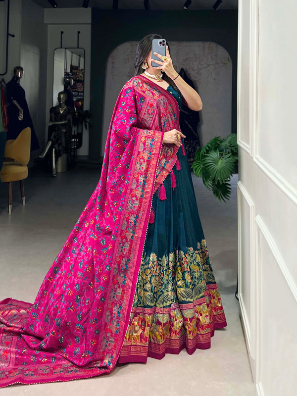 Women's Tusser Silk Floral Print Lehenga Choli with Foil Work & Gotta Patti Dupatta