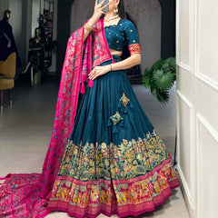 Women's Tusser Silk Floral Print Lehenga Choli with Foil Work & Gotta Patti Dupatta