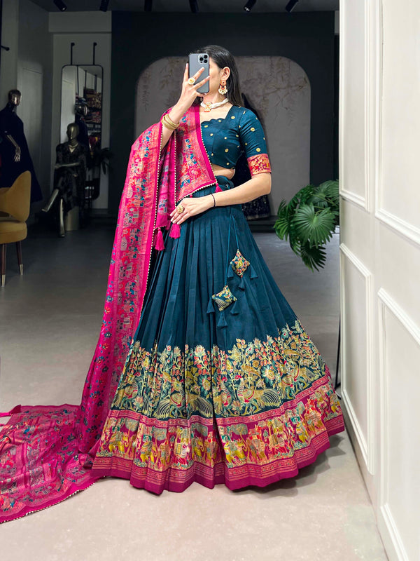 Women's Tusser Silk Floral Print Lehenga Choli with Foil Work & Gotta Patti Dupatta