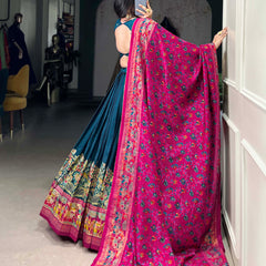 Women's Tusser Silk Floral Print Lehenga Choli with Foil Work & Gotta Patti Dupatta