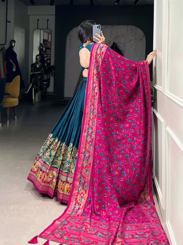 Women's Tusser Silk Floral Print Lehenga Choli with Foil Work & Gotta Patti Dupatta