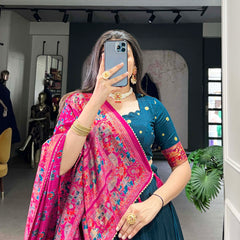 Women's Tusser Silk Floral Print Lehenga Choli with Foil Work & Gotta Patti Dupatta