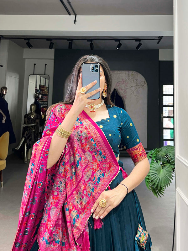 Women's Tusser Silk Floral Print Lehenga Choli with Foil Work & Gotta Patti Dupatta