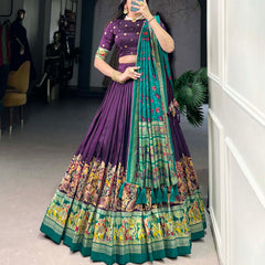 Women's Tusser Silk Floral Print Lehenga Choli with Foil Work & Gotta Patti Dupatta