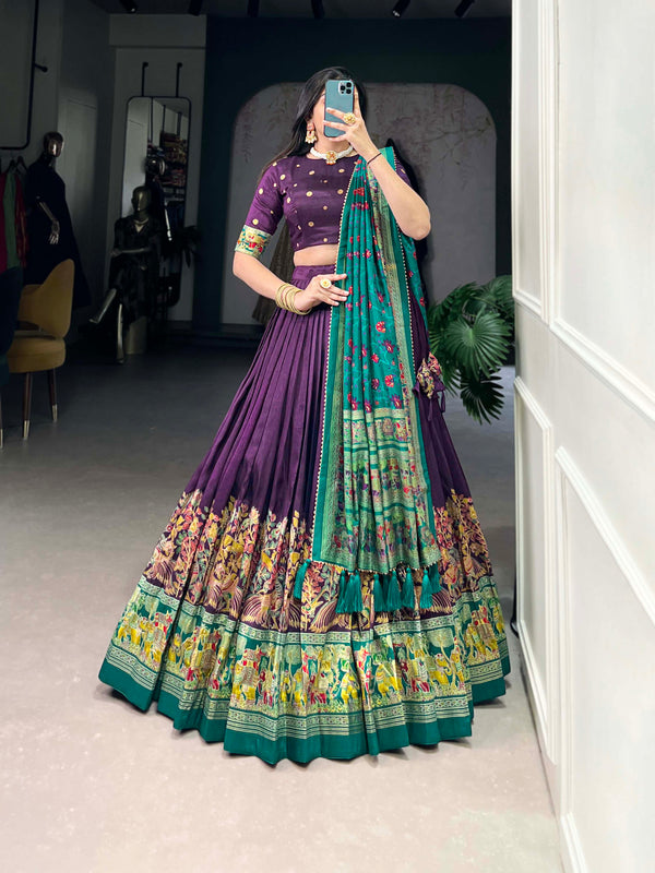 Women's Tusser Silk Floral Print Lehenga Choli with Foil Work & Gotta Patti Dupatta