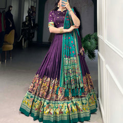 Women's Tusser Silk Floral Print Lehenga Choli with Foil Work & Gotta Patti Dupatta
