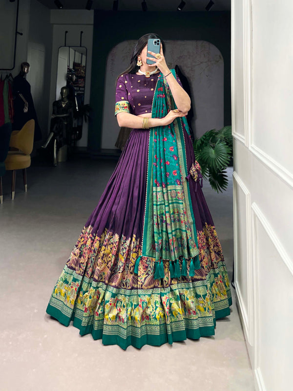 Women's Tusser Silk Floral Print Lehenga Choli with Foil Work & Gotta Patti Dupatta