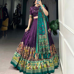 Women's Tusser Silk Floral Print Lehenga Choli with Foil Work & Gotta Patti Dupatta