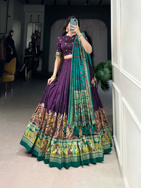Women's Tusser Silk Floral Print Lehenga Choli with Foil Work & Gotta Patti Dupatta