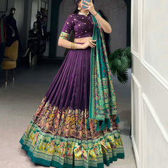Women's Tusser Silk Floral Print Lehenga Choli with Foil Work & Gotta Patti Dupatta