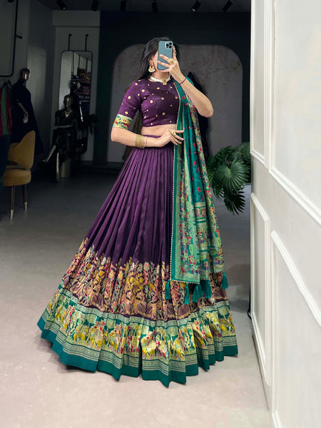 Women's Tusser Silk Floral Print Lehenga Choli with Foil Work & Gotta Patti Dupatta