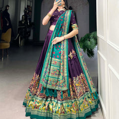 Women's Tusser Silk Floral Print Lehenga Choli with Foil Work & Gotta Patti Dupatta